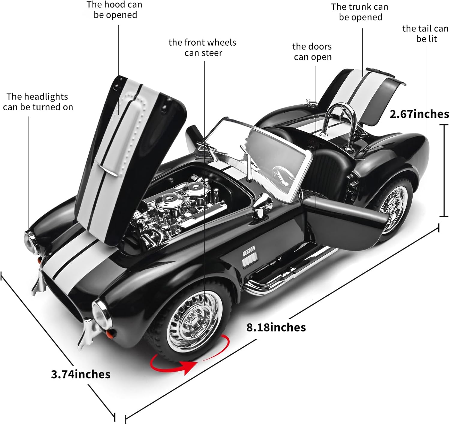 Toy Car Models 1/24 Diecast Cars 427S/C Metal Model Cars Carros De Coleccion,Model Car Kits for Adults and Kids,Pull Back Car with Lights and Sounds,Toy Cars for Boys Age 3-12（Black）