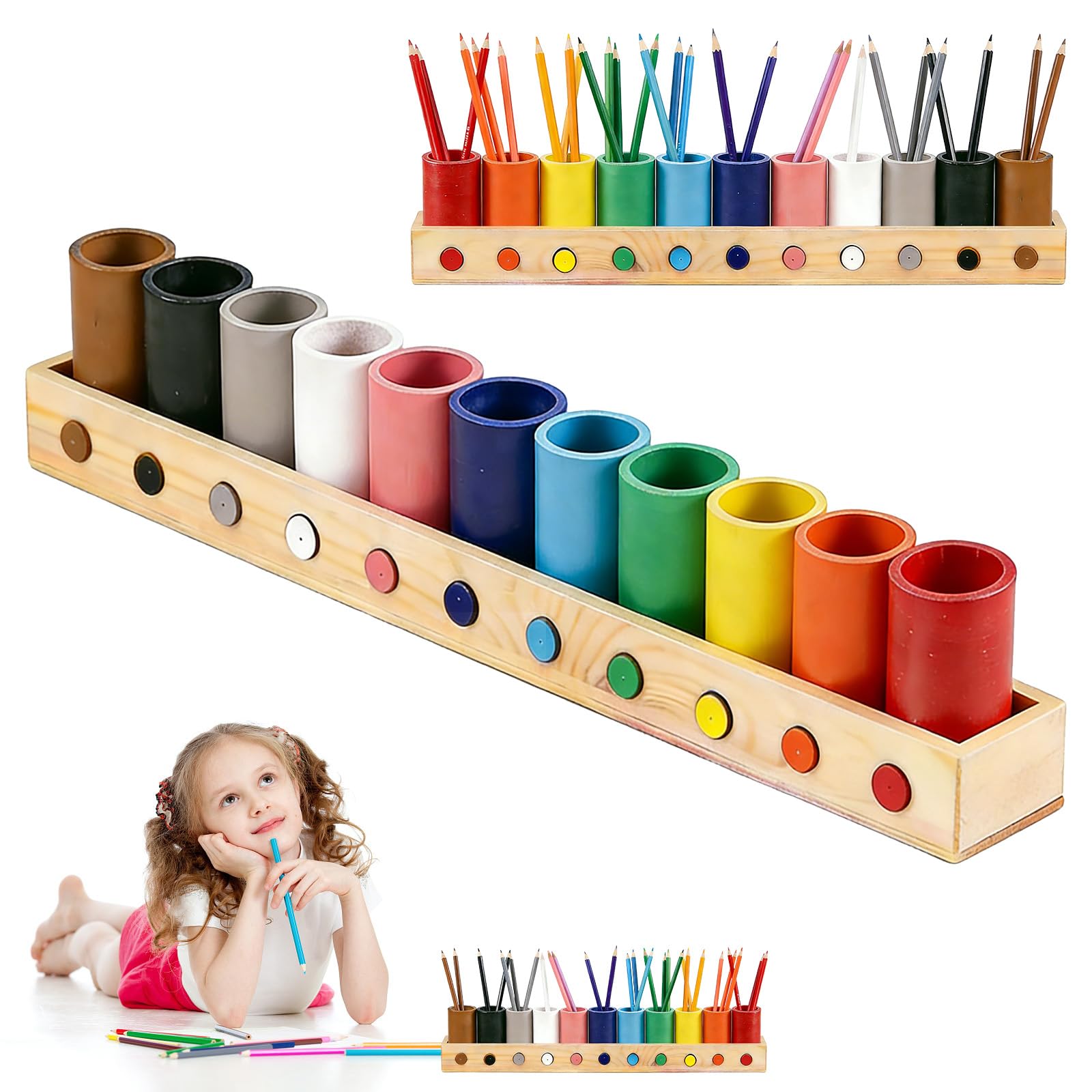 Porta-matite colorate in legno, portapenne colorate in legno massello Montessori, organizzatore con 11 scomparti mobili, portapenne per ufficio, casa, materiale scolastico