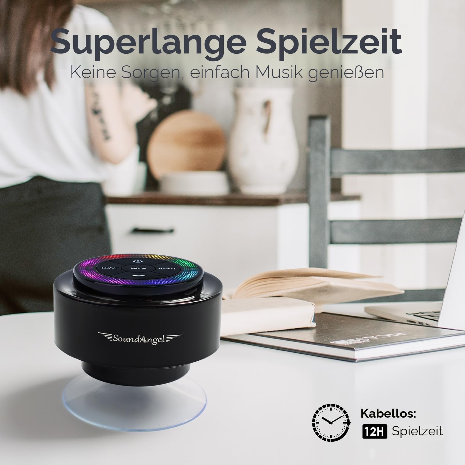Xleader Mate Dusche Bluetooth Lautsprecher klein, Zertifiziert IPX7 Wasserdicht Bluetoothbox, Mini Music Box Lautsprecher Mit Licht, Saugnapf und Mikrofon, Kristall Sound und Bass, Musikbox Geschenk