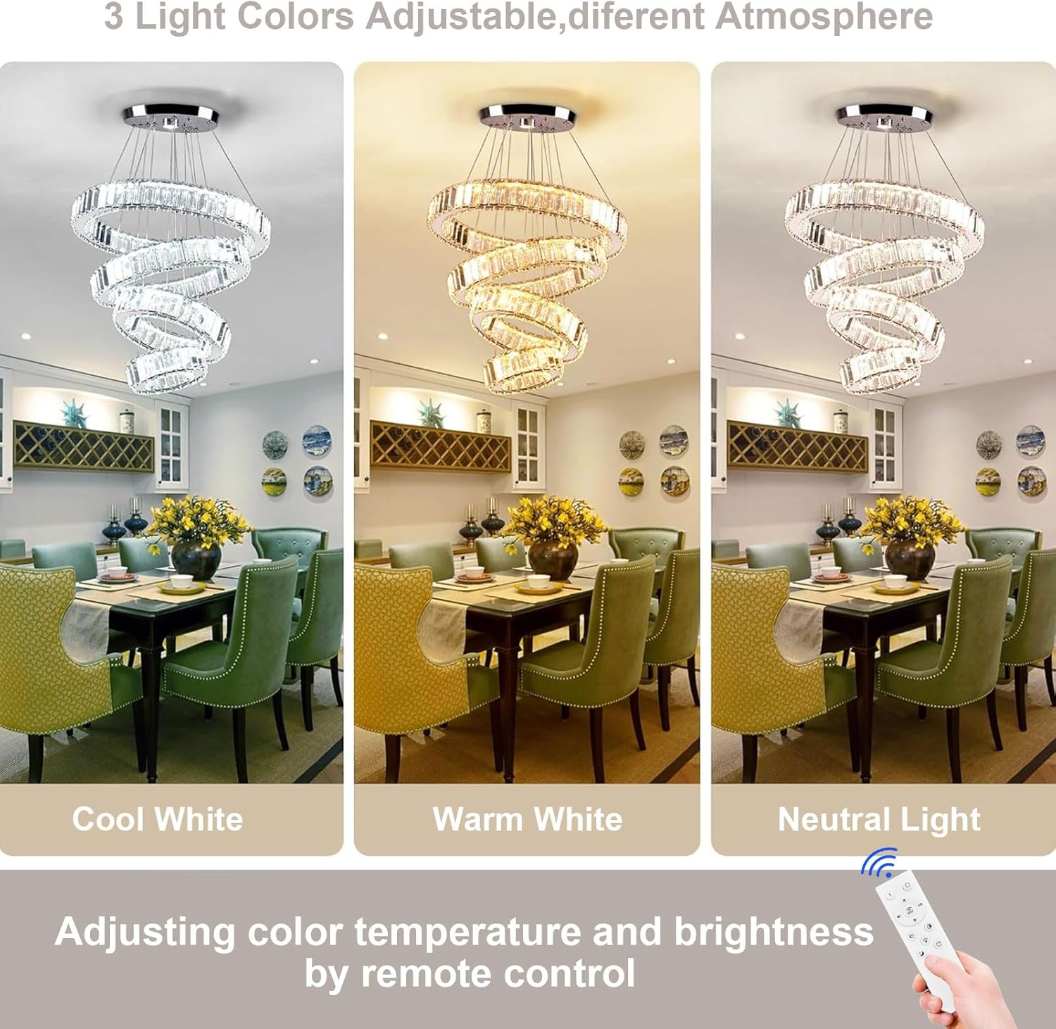dimmable modern led chandelier with remote 4 ring pendant light crystal chandeliers for dining room bedroom living room,3 colors adjustable,dia7.9-11.8"-15.7"-19.7",79 w