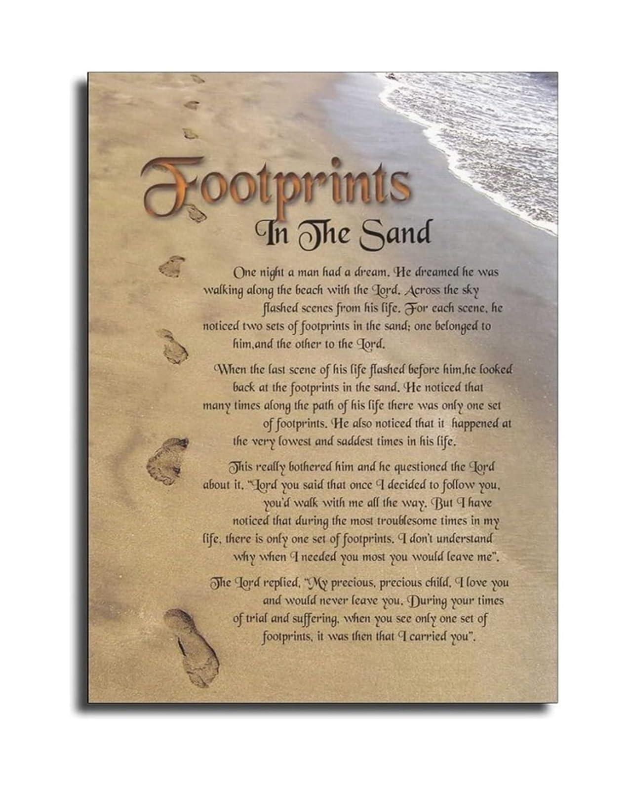 KCDFDVJFBM Christian Inspirational Art Footprints in The Sand Poem Modern Canvas Print Wall-Art for Living Room Decor(Framed,12x18inch(30x45cm))
