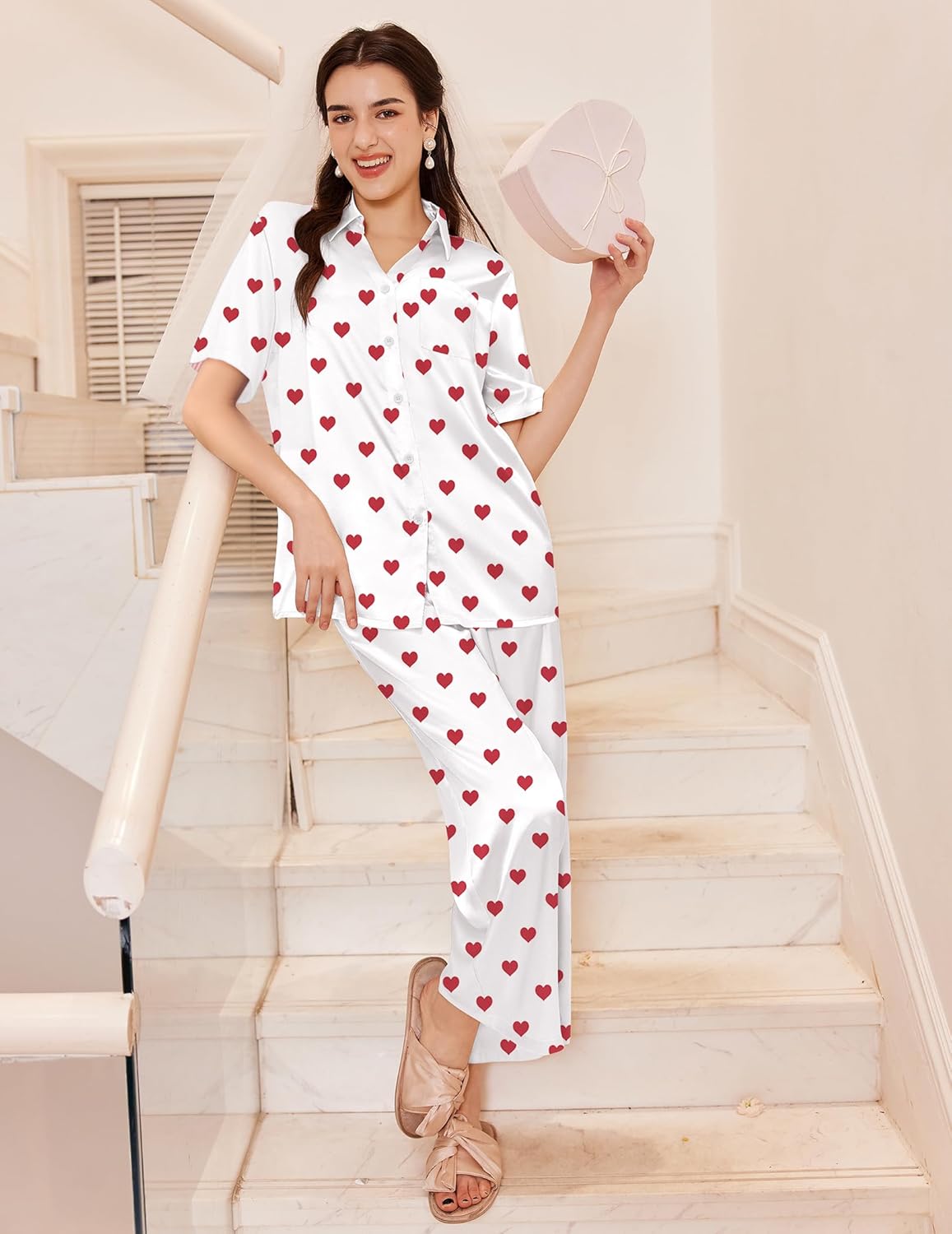 Ekouaer Silk Pajamas for Womens Set 2 Piece Satin Pjs Soft Button Down Sleepwear Wide Leg Long Pants with Pockets - Image 3