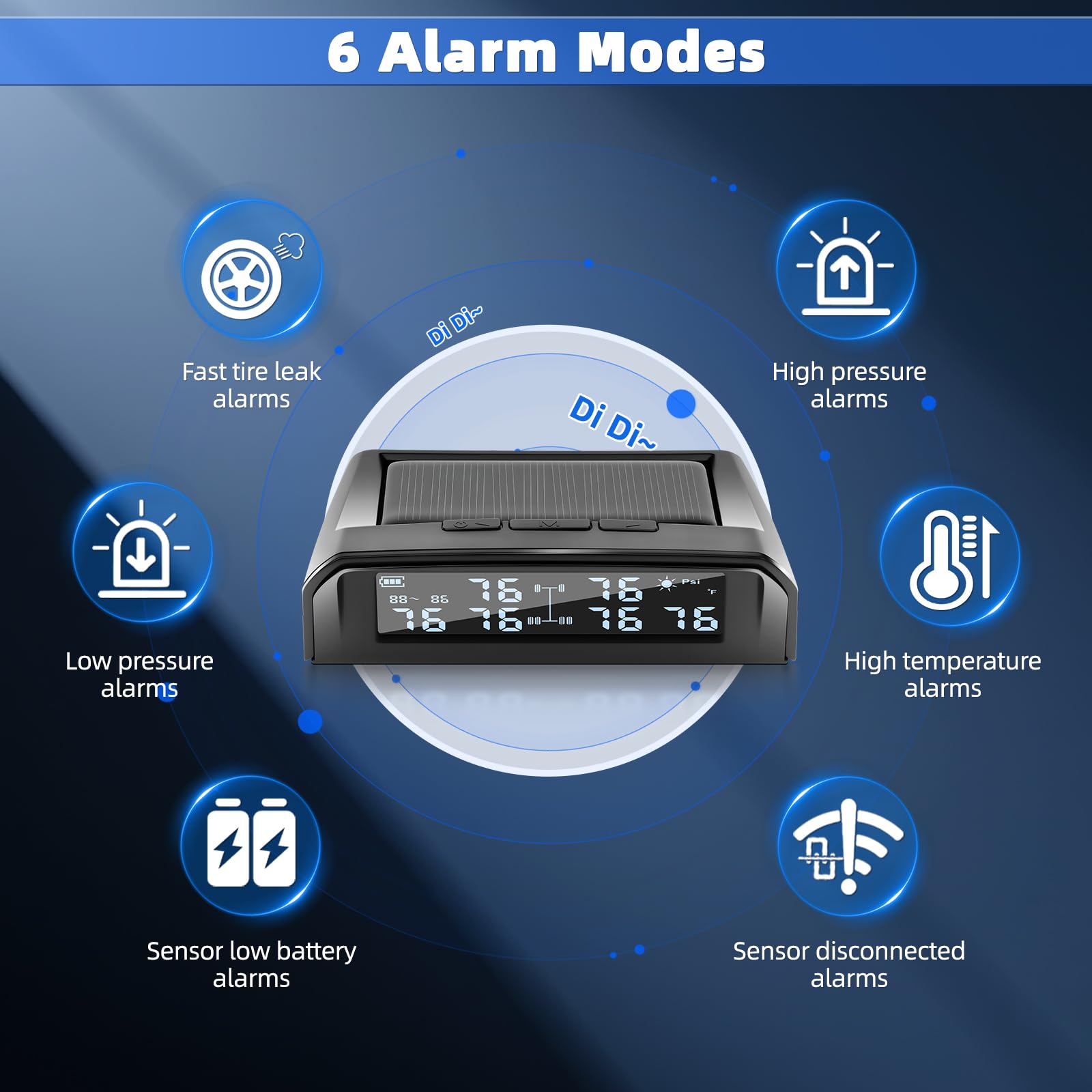 KAOLALI TPMS Sistema de Control de Presión de Neumáticos con 6 Sensores, 0,01 Bar Alta Precisión, Carga Solar y Función de Carga USB, 9,9 Bar/144 PSI Máx., 6 Modos de Alarma, para Camion RV