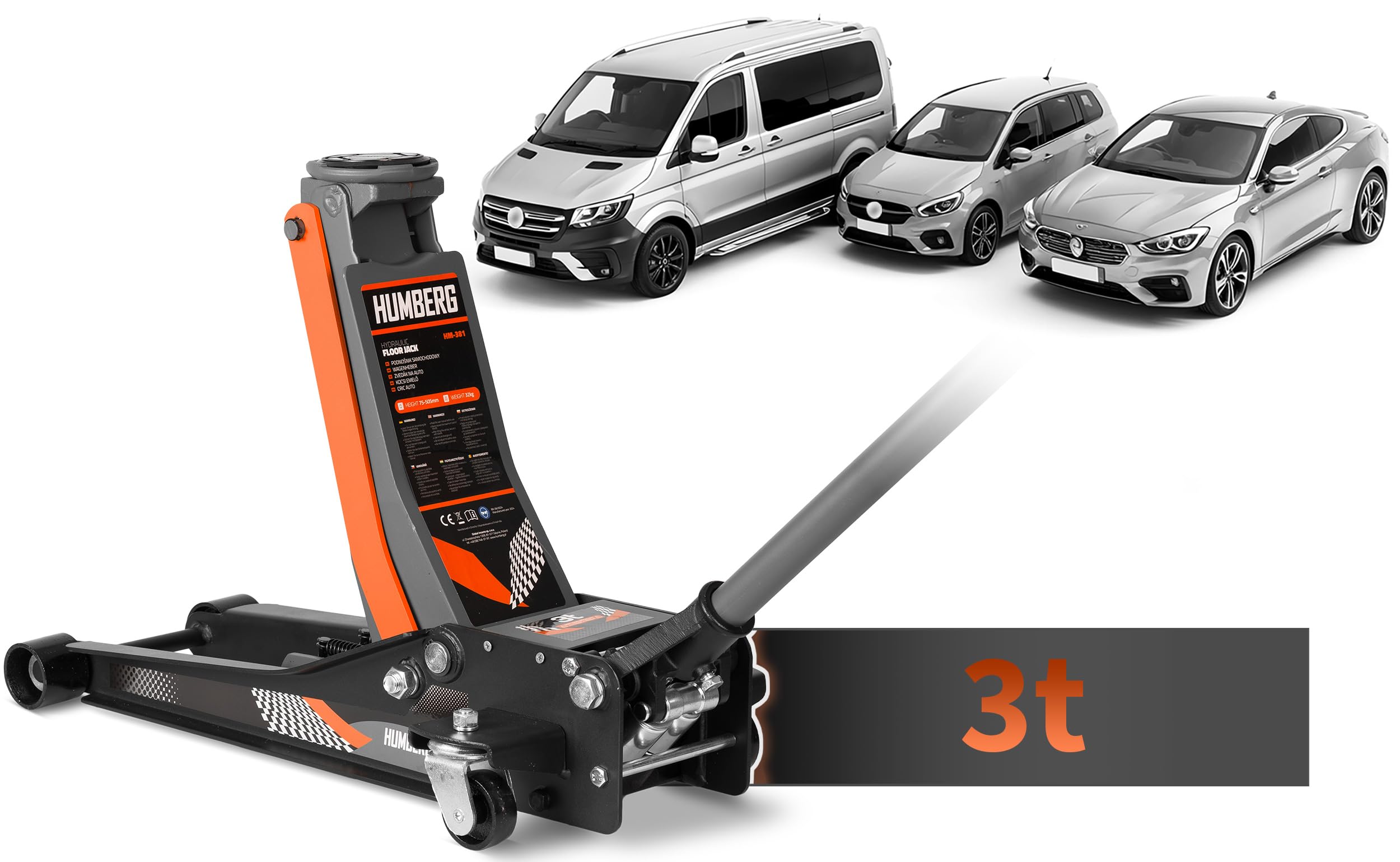 Humberg Hydrauliczny podnośnik samochodowy 3 tony 75 mm - 505 mm z 2 gumowymi podkładkami i zaworem bezpieczeństwa z podwójnym tłokiem o niskim profilu