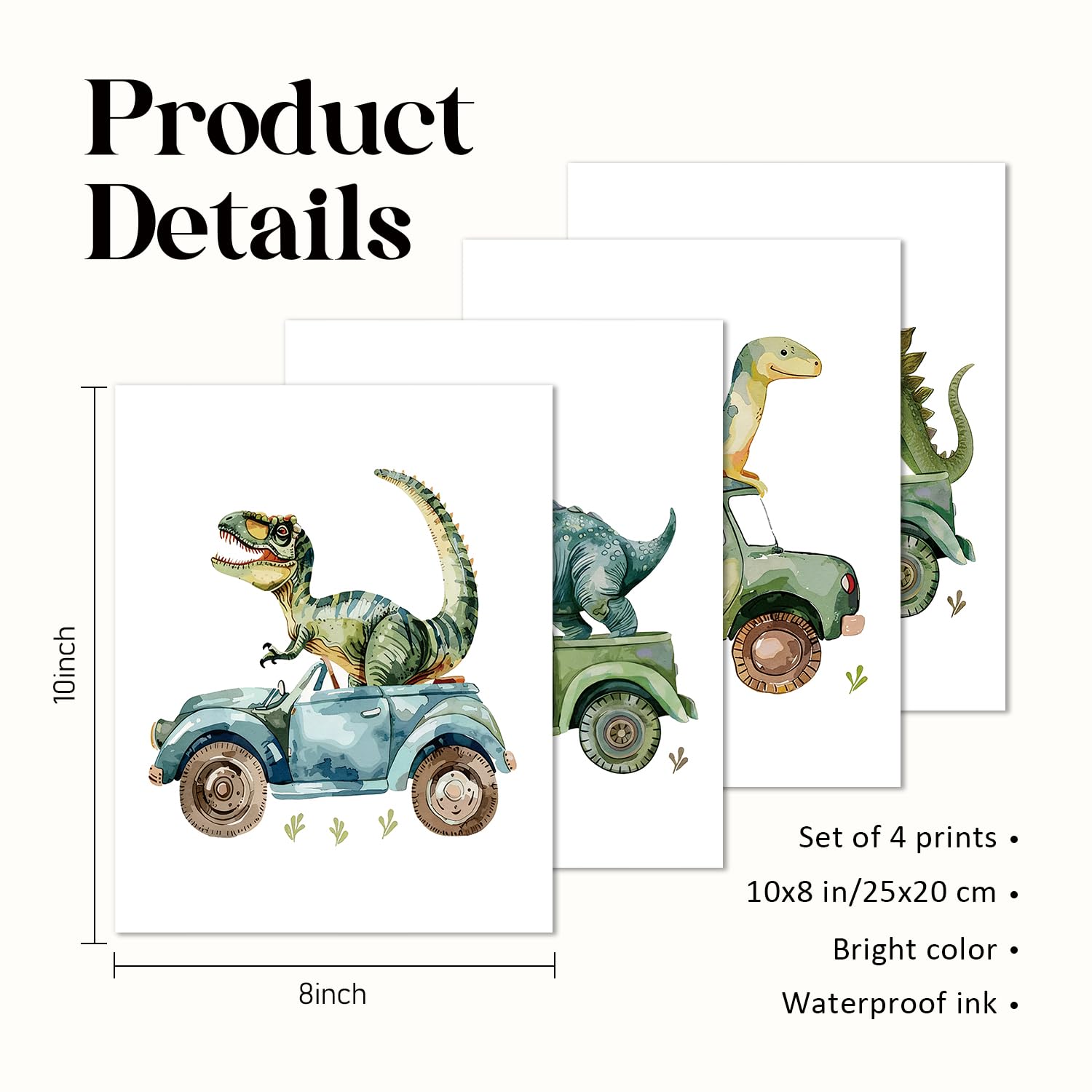 VONTP Decoración de pared de dinosaurio, camión de construcción de dinosaurio verde, obra de arte para habitación de niños, cuarto de bebé, sala de juegos, 8 x 10 pulgadas, juego de 4 (sin marco)
