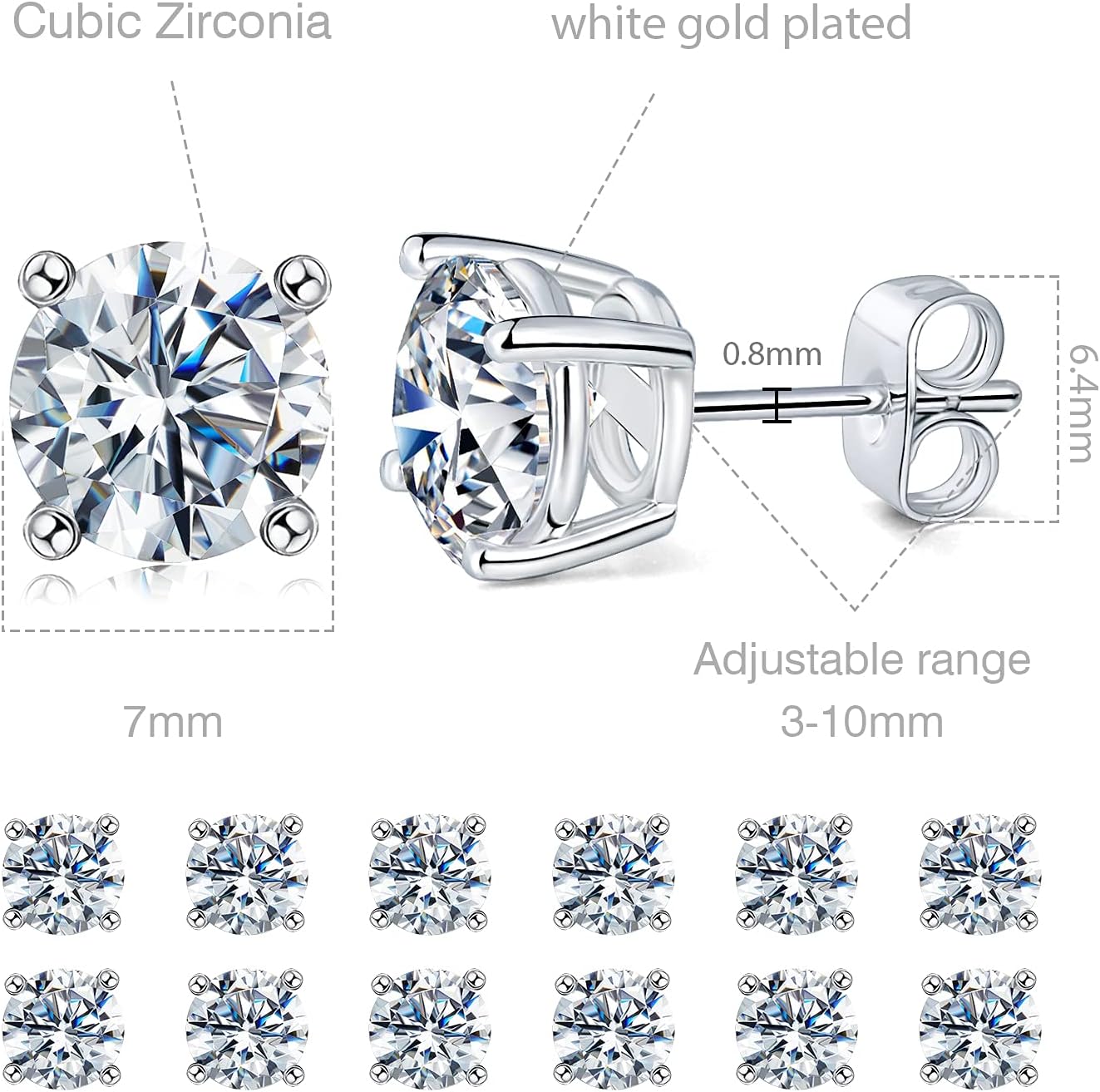 MDFUN Hypoallergenic CZ Stud Earrings Set for Women/Men,6 Pairs 18K Gold Plated Round 3-8mm Clear Cubic Zirconia Earring Pack Jewelry Gift - Image 2