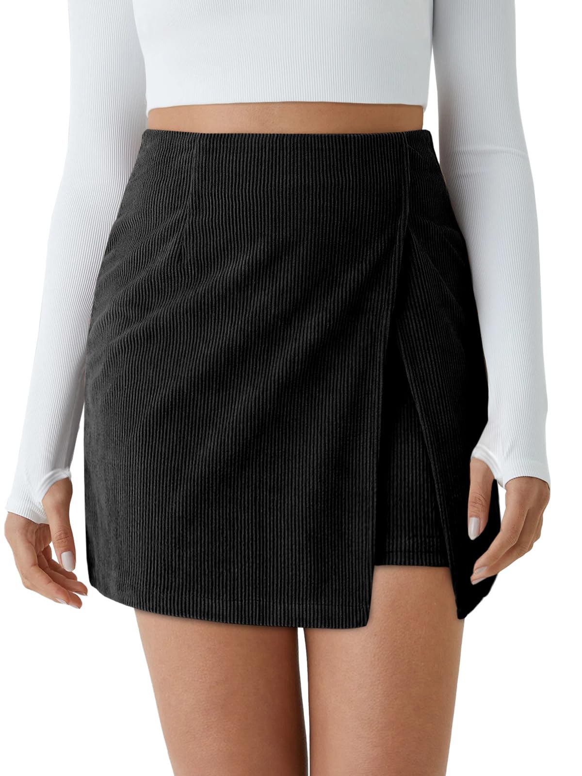 Cicy Bell Womens Corduroy Mini Skirt Casual High Waisted Side Slit A-line Bodycon Work Fall Short Skirts