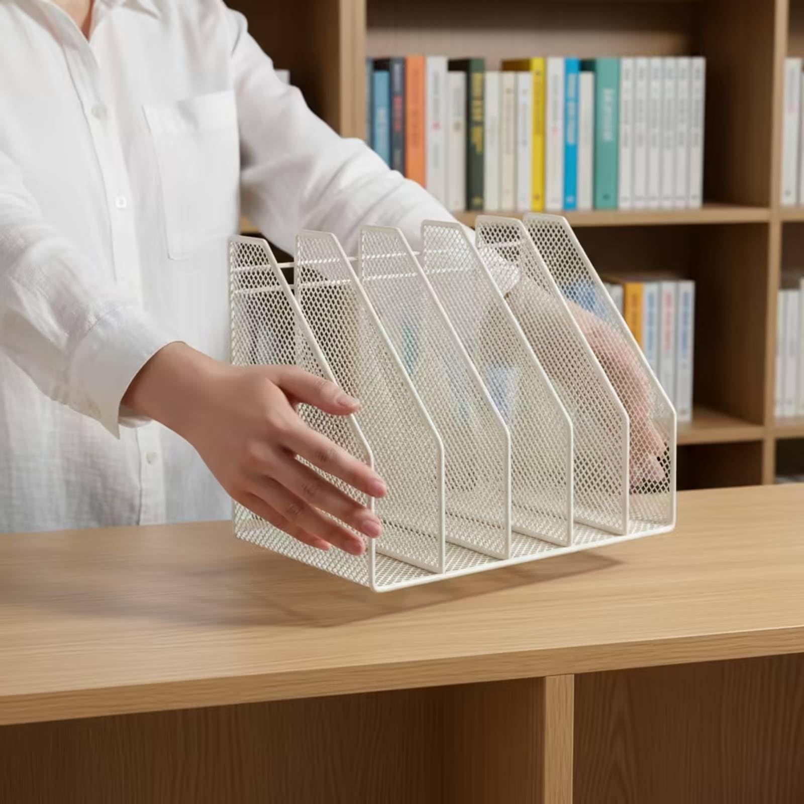 Scaffale da Tavolo con 6 Scomparti Robusto Portadocumenti in Metallo a Rete Aperto Libreria da Scrivania con Disori per Impiegati, Studenti, Ufficio, Nero