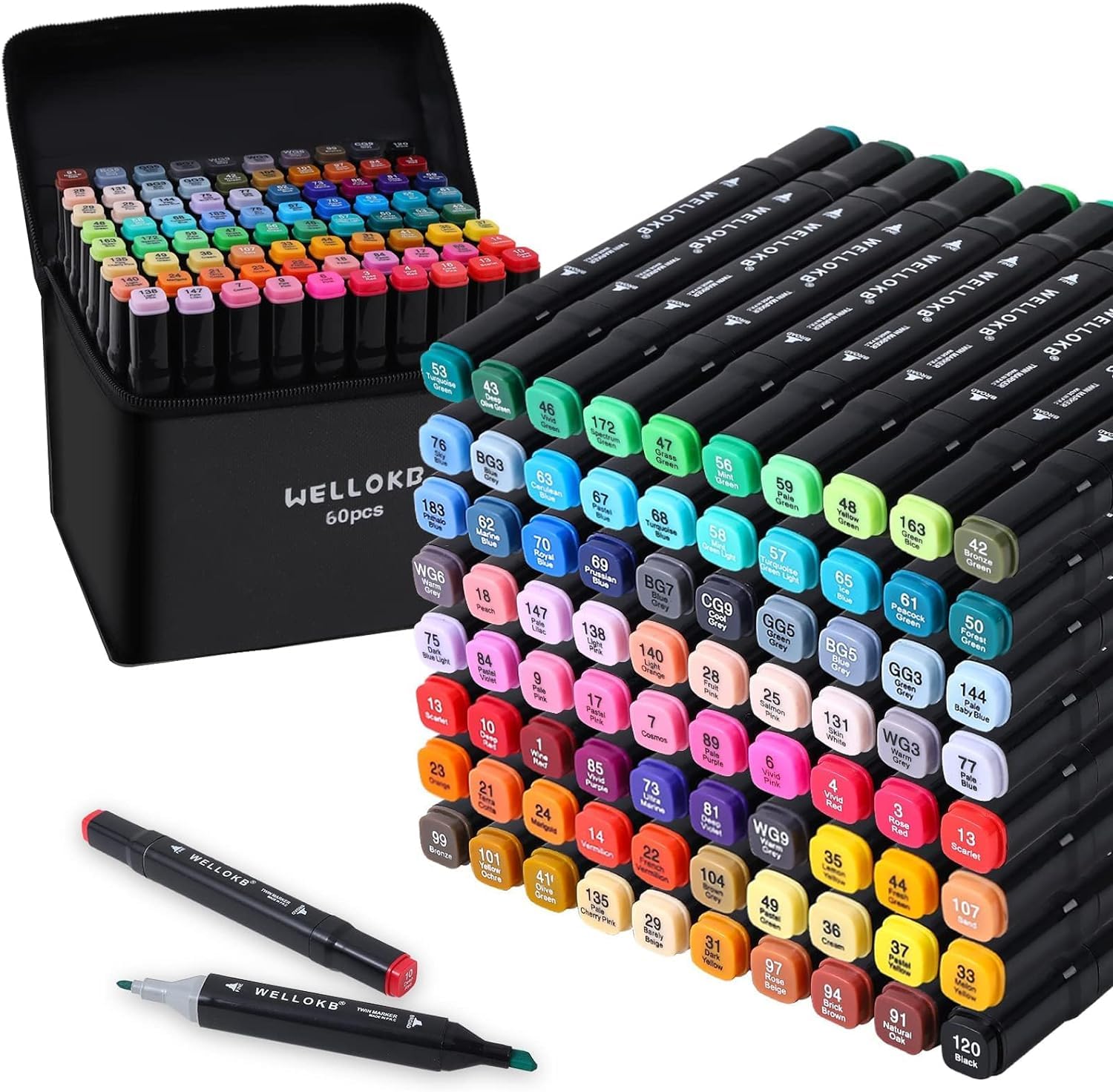 WELLOKB Alcohol Markers, 60 Colors Dual Brush Tip Permanent Art Markers for Drawing,for Adult Coloring, Alcohol, Based Ink Ideal for Book Painting and Card Making