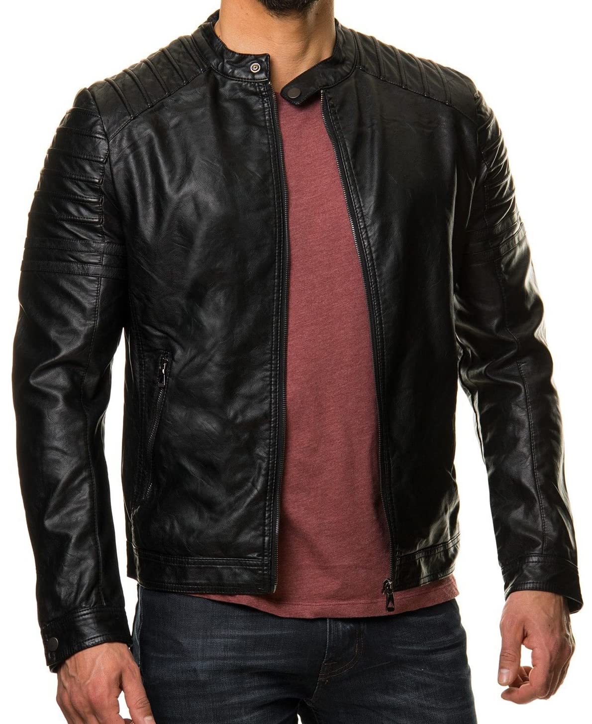 Decimal Men's Black Shoulder Black Real Lambskin Leather Biker Jacket Vintage Genuine Motorcycle Jackets For S