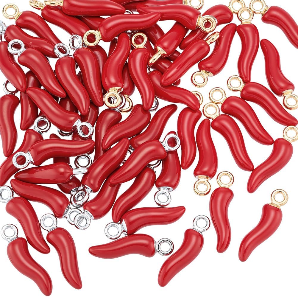 AHANDMAKER 60Pcs 2 Color Alloy Enamel Red Chili Pepper Charms Fiery Resin Charm Pendants with Loop, Vegetable Dangle Pendant Bulk Lucky Horn Shape Jewelry Charm for DIY Craft Jewelry Making