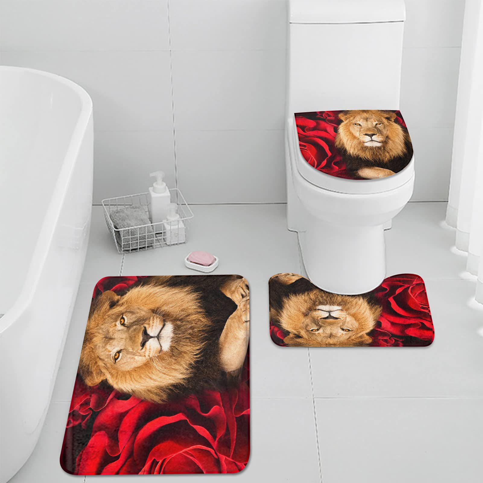 Jejeloiu Duschvorhang-Set – Löwenpaar Mit Rosen, 183x198 Cm – Romantisch Fürs Badezimmer (Gold)