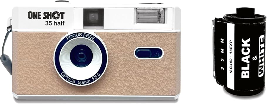 1 Shot Point and Shoot 35mm Film Camera, Reusable Retro Half Frame Camera, Built in Flash, Included One Roll ASA/ISO 400 Black & White Film 18 Exp., 36 Shots Battery Not Included Mocha Color