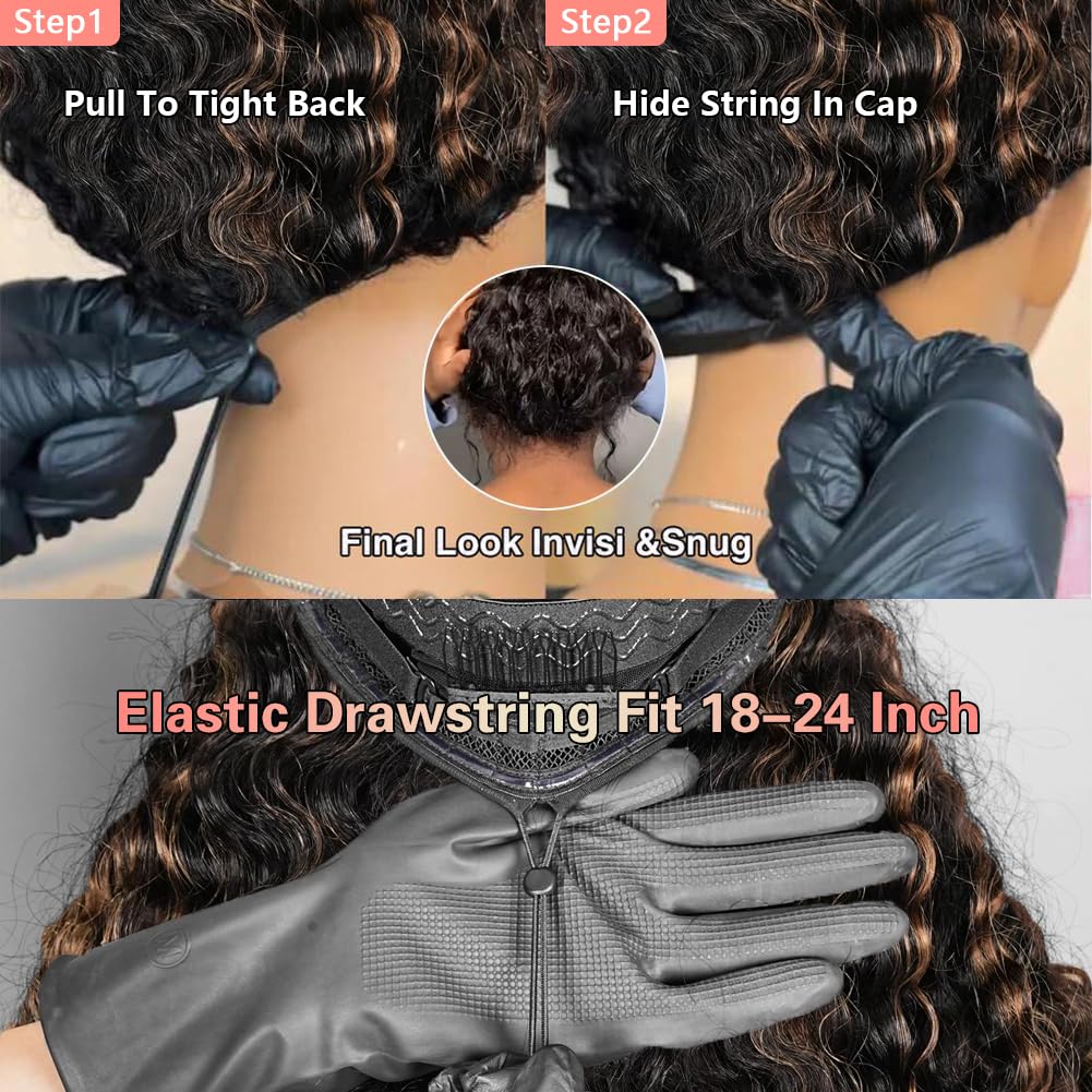 7x5 Balayage Highlight Lace Front Wig Human Hair Pre Plucked Pre Cut HD Lace Glueless Wigs 200% Density Deep Wave Lace Front Wigs Human Hair 26 Inch Ombre FB/30 Wear Go Drawstring Wig for Women