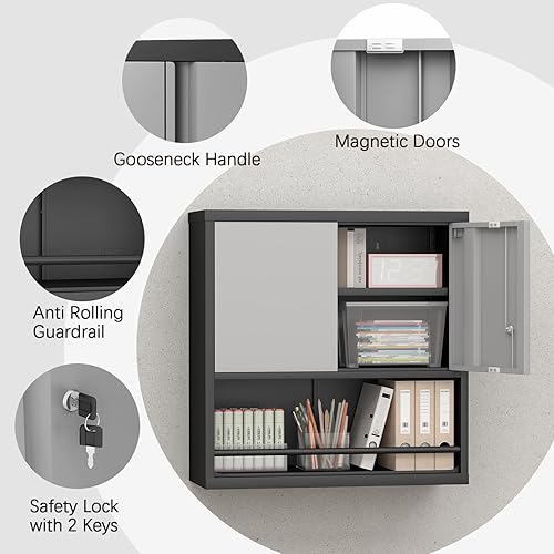 Miniatura 28 de LUCYPAL Armario de almacenamiento de metal con 2 puertas de bloqueo y 2 estantes ajustables, gabinete de almacenamiento con cerradura de acero para