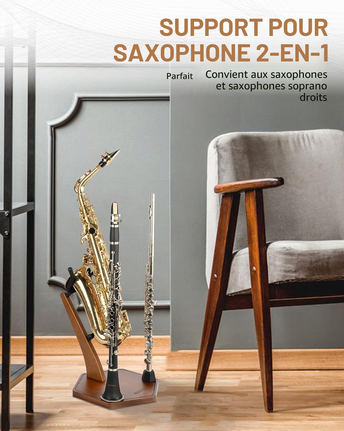 STRICH Support en bois pour saxophone alto et ténor fait à la main en bois massif couleur noyer base lourde avec 2 supports pour flûte/clarinette