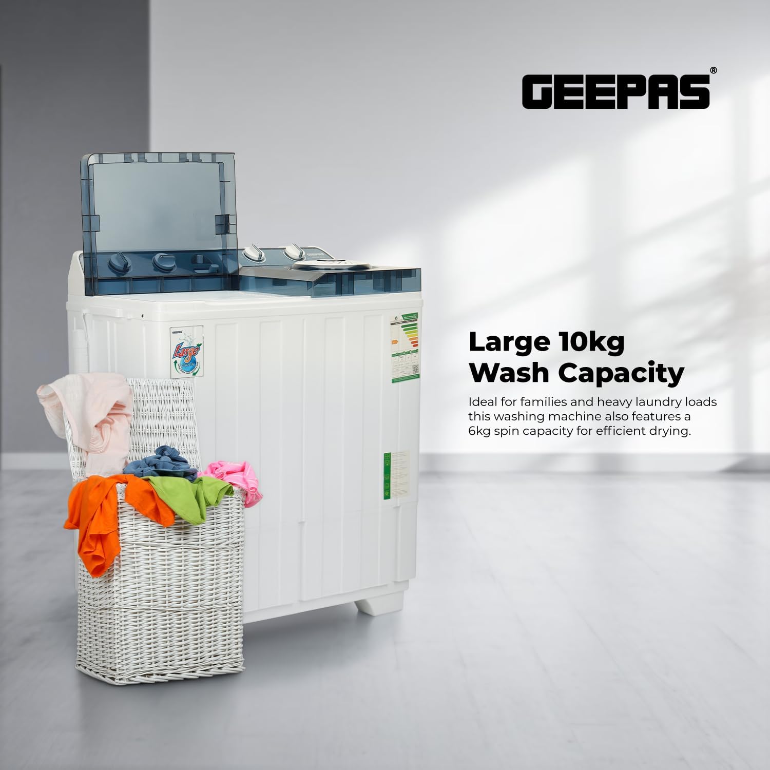 Side view of Geepas GSWM18026 washing machine showing hose connections