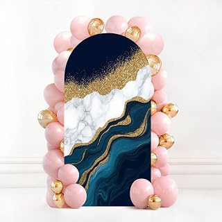 6.6FT Wedding Arch Backdrop Cover Abstract Blue Agate Golden Veins White Marble Fake Painted Artificial Spandex Fitted Fabric Round Top Stretchy Stand Covers for Baby Shower Birthday Party Decoration