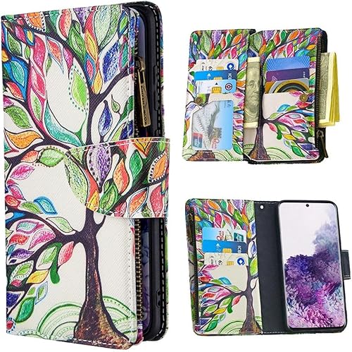 XYX Funda tipo cartera con cremallera para Samsung S20 FE, colorida funda de piel sintética con cierre de cremallera con 9 ranuras para tarjetas y