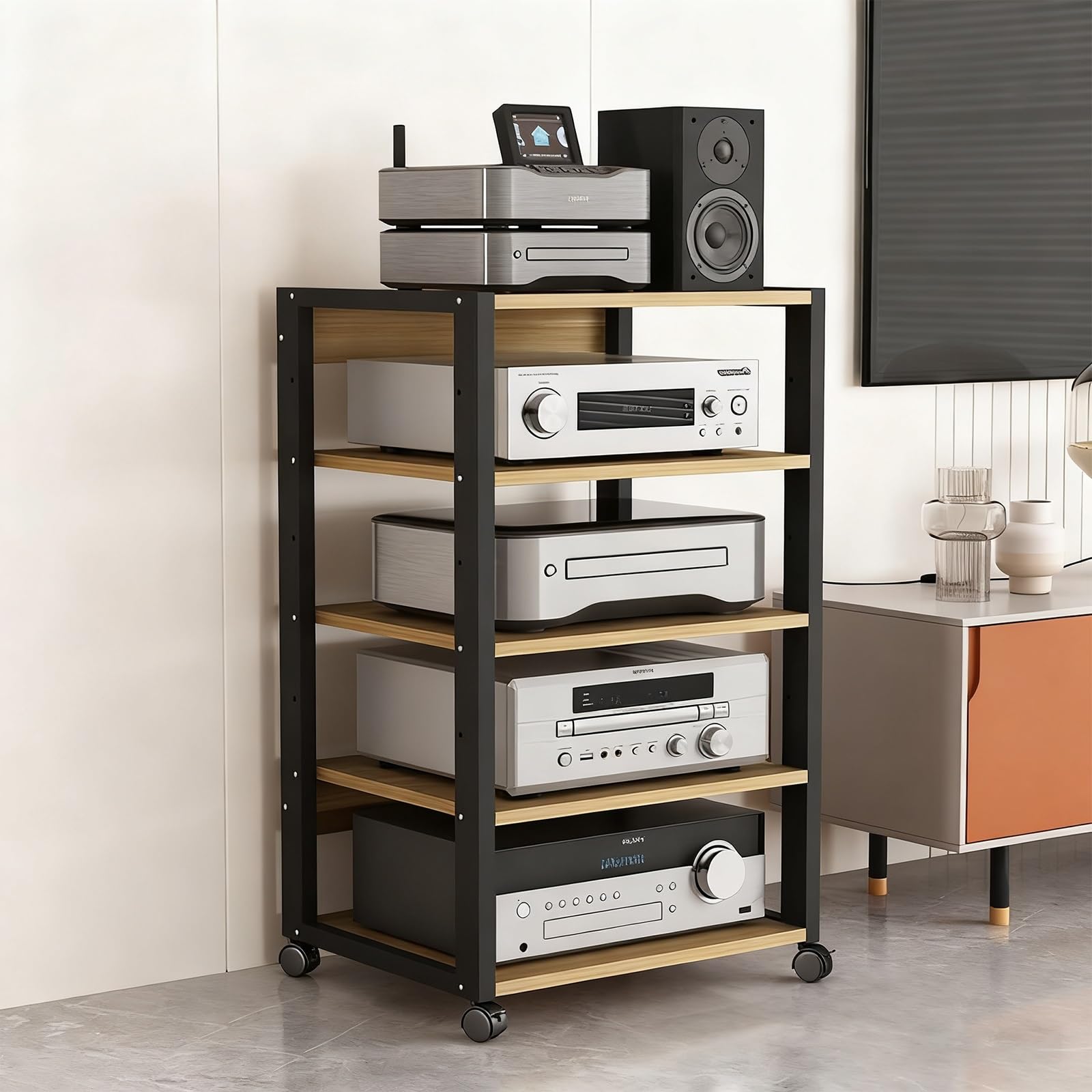 Stojak multimedialny AV z regulacją wysokości, 5-poziomowy stojak stereo i konsola odtwarzacza płyt muzycznych, metalowa rama, wykończenie centrum rozrywki, 50 x 40 x 90 cm