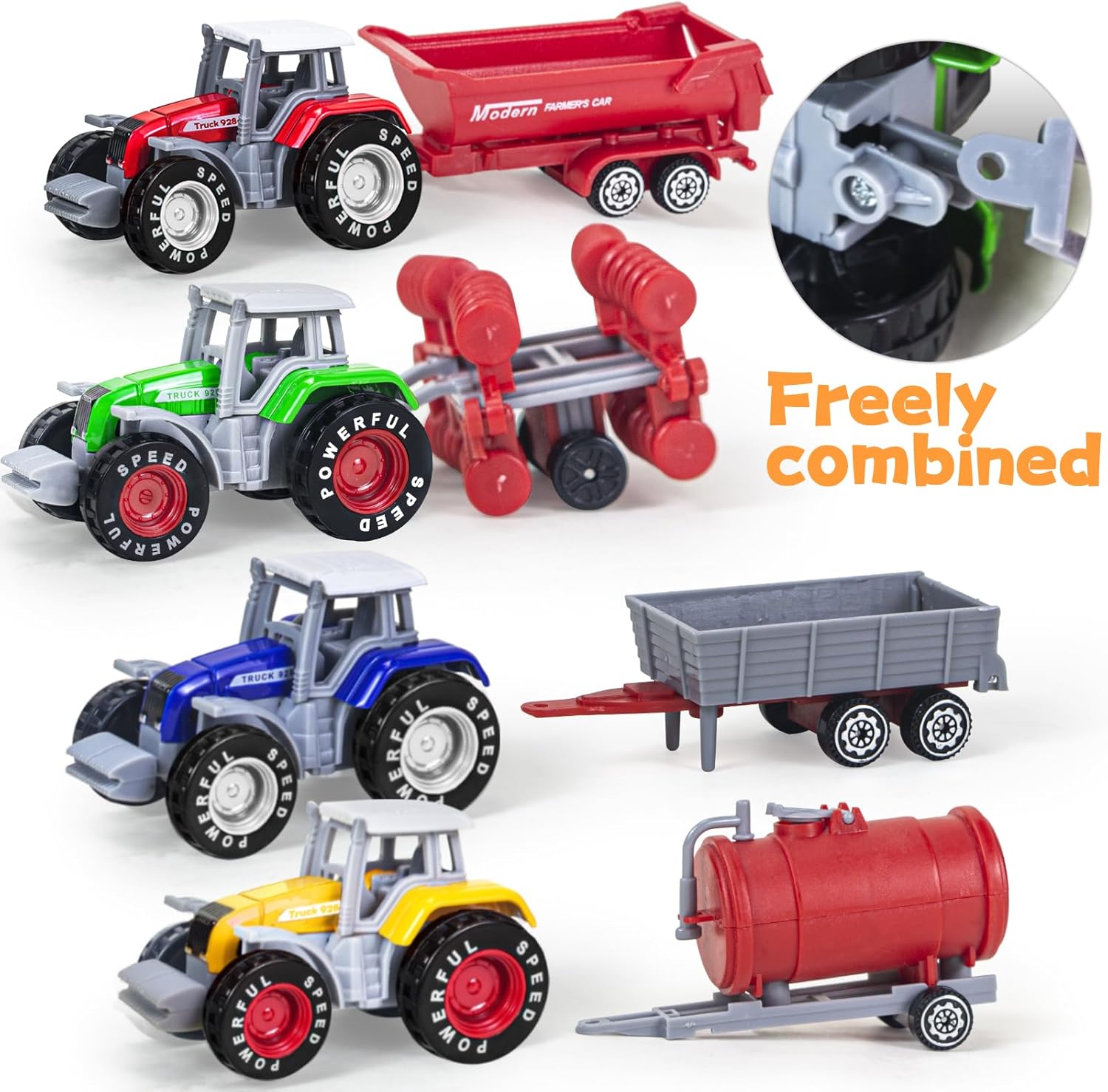 4-Pack Farm Tractor Toys with Trailers – Child-Safe Plastic Diecast Detachable Alloy Tractors & Trucks for Kids, Perfect for Boys Ages 3-8, Birthday Gift & Cake Toppers(4 Pack Red)