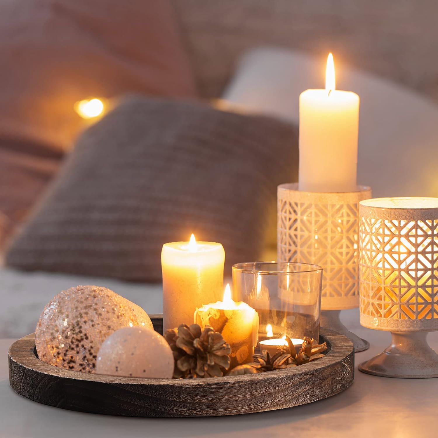 Sintuff 6 Pcs Rustic Wood Decorative Tray Round Wooden Serving Farmhouse Tray Decorative Candle Holder Serving for Kitchen Centerpiece Home Decor(Brown)