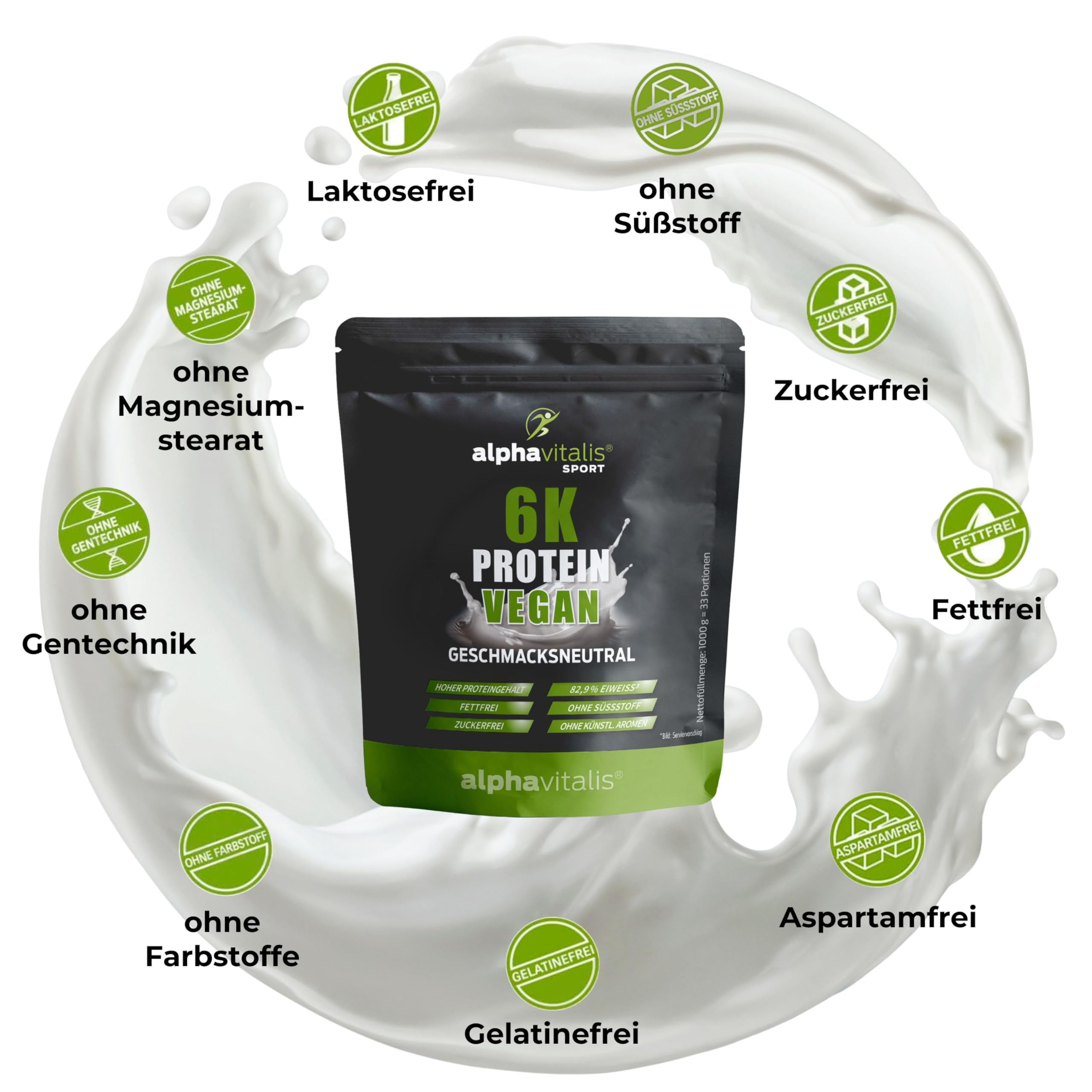PROTEINPULVER VEGAN Neutral ohne Süßungsmittel- 6K Mehrkomponentenprotein 1 Kg pflanzlicher Eiweiß Shake zuckerfrei fettfrei laktosefrei - ideal zum Kochen & Backen - Eiweißpulver vegan ohne Süßstoff