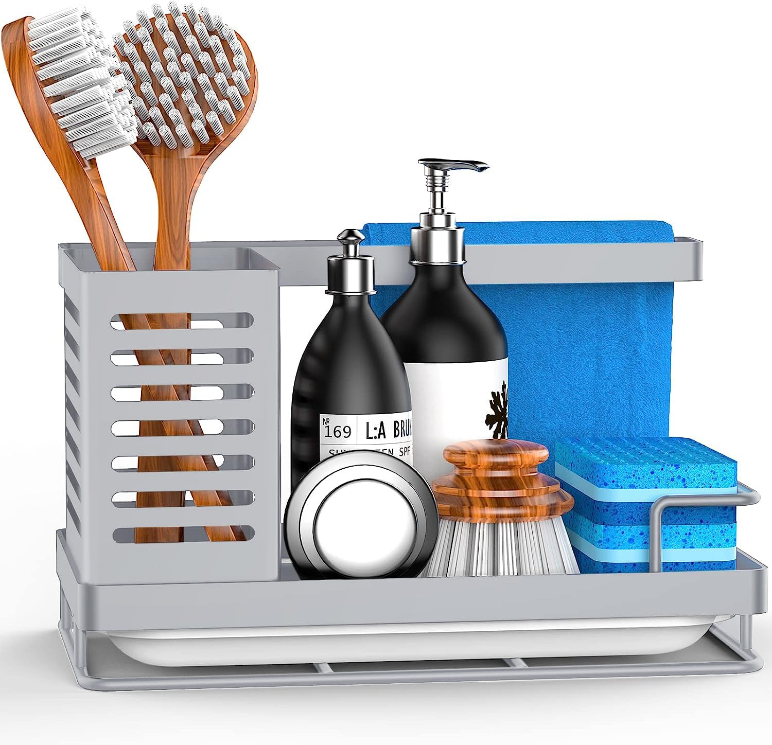 Sink Caddy, Kitchen Sink Organizer Sponge Holder, Kitchen Sink Accessories Stainless Steel, Sink Brush Holder with Removable Drain Tray for Sponge, Dish Brush, Soap, Scrubber, Dishcloth-Silver Gray