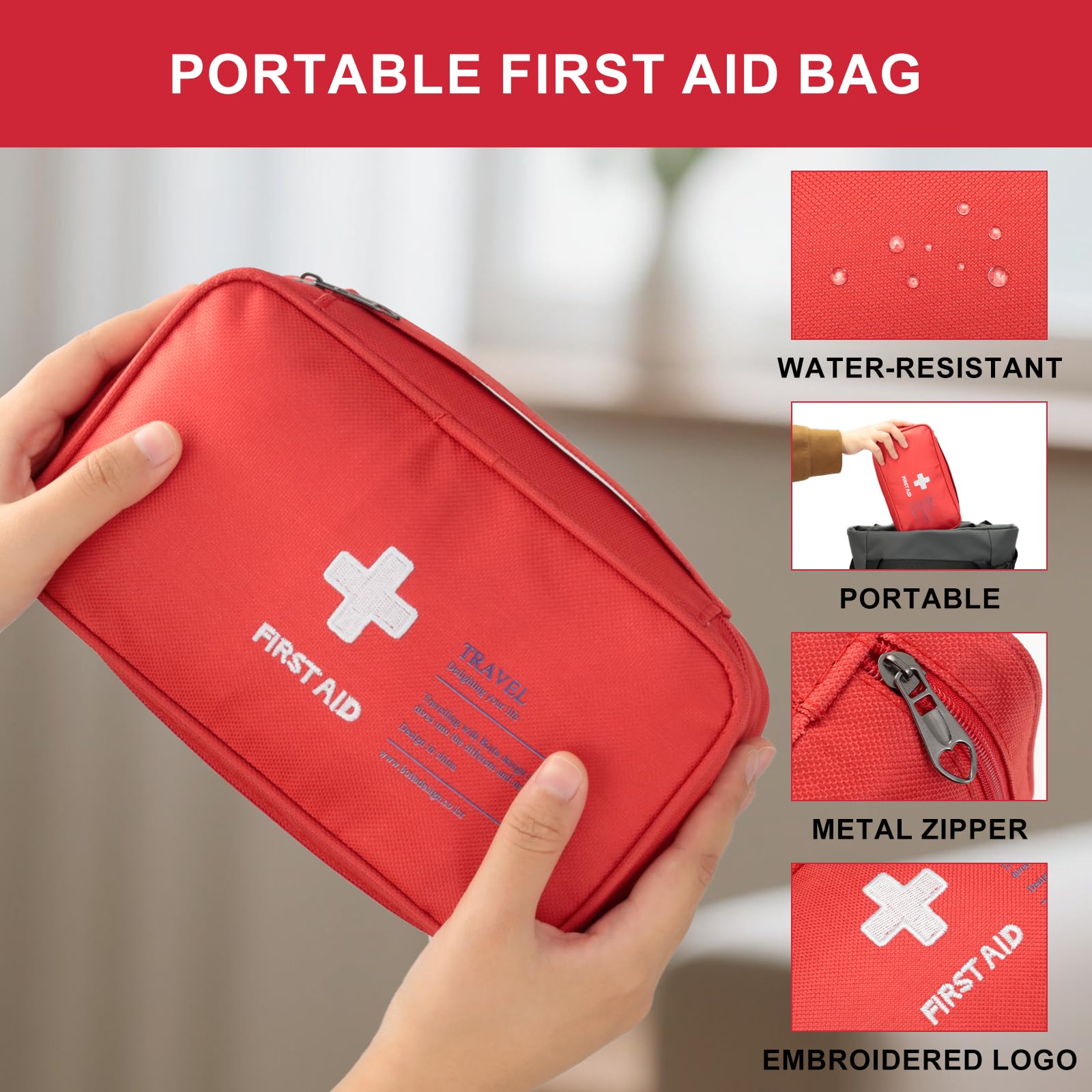 VINATO Kit di Primo Soccorso, Vuota Borsa di Pronto Soccorso, Porta Medicine da Viaggio, Borsa Medica Portatile, Pacchetto di Medicina per Emergenze a Casa Viaggio Ufficio Auto all'Aperto (Rosso)