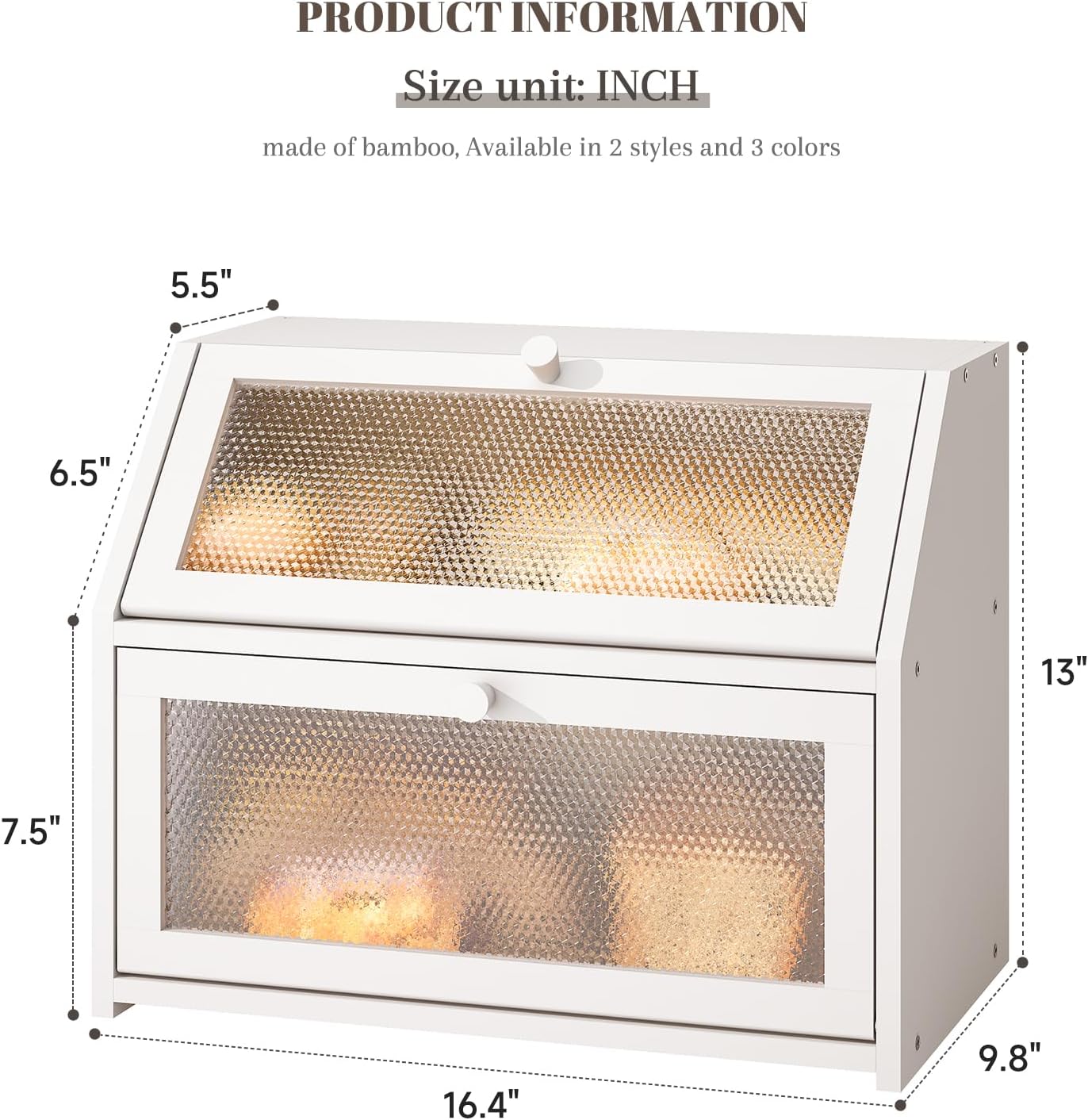 Bread Box for Kitchen Countertop Bin Double Layer Bread Box Storage Container Extra Large Capacity Farmhouse with Diamond Pattern Windows (White, Large)