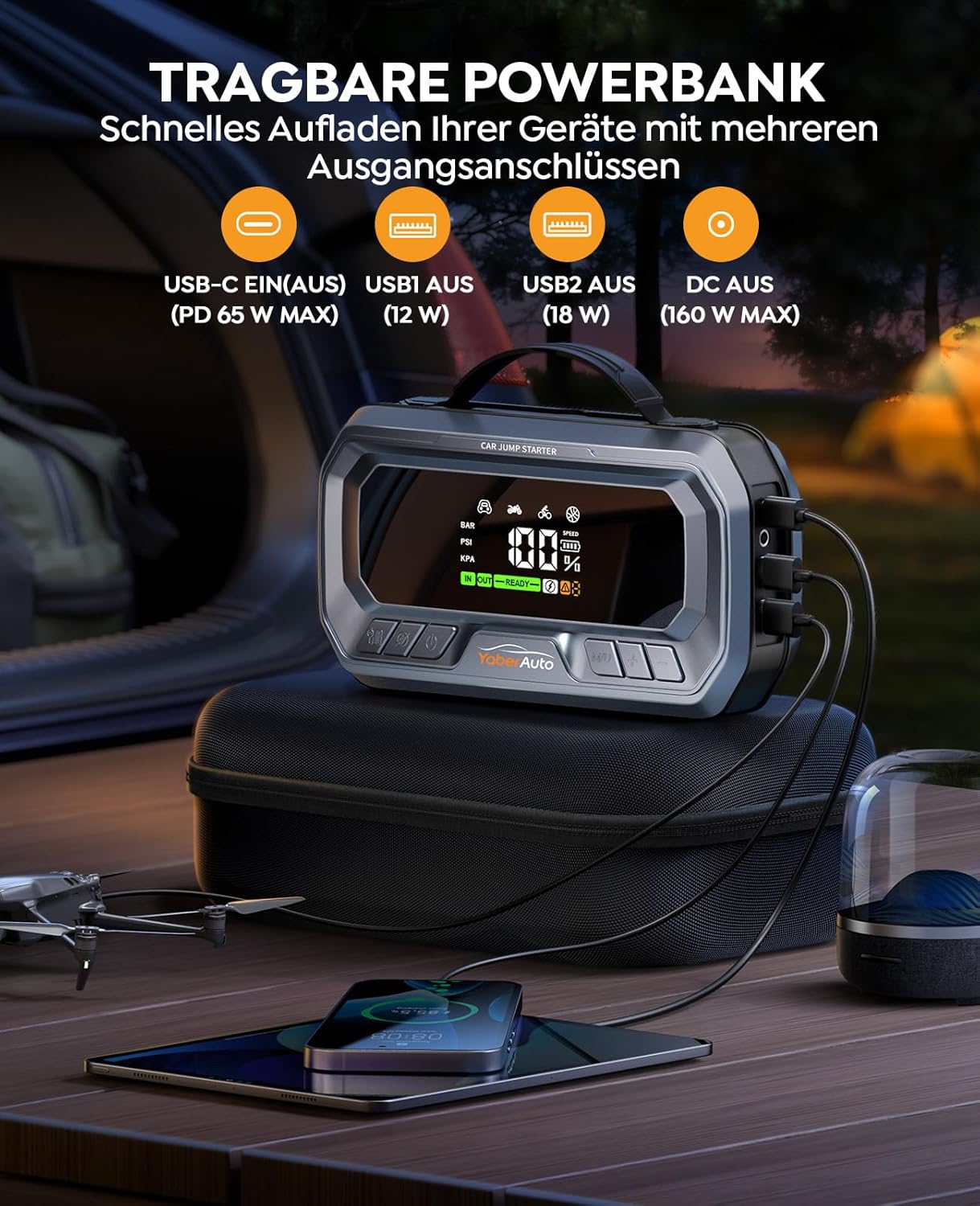 YaberAuto YA90 Jump Starter acting as a portable power bank, charging multiple devices like a drone and tablet