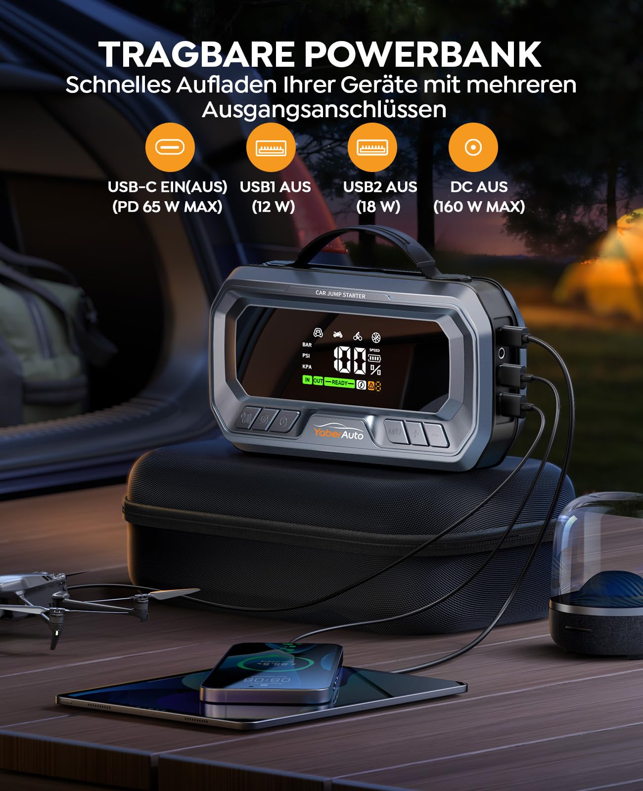 YaberAuto Starthilfe Powerbank mit Kompressor, 160PSI 8000A Auto Starthilfe, PD 65W Starthilfe Powerbank für All Benzin und 12.0L Dieselmotor, Starthilfe mit 600 Lumen Notlicht und 3.3" LCD Bildschirm