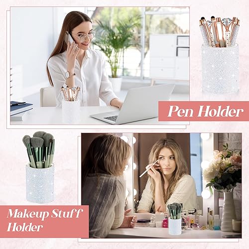 Miniatura 5 de Sabary 8 bolígrafos blancos con soporte para bolígrafo para escritorio, con purpurina, diamantes de cristal, bonito soporte para lápices,