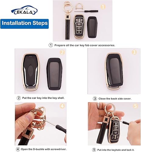 Miniatura 4 de EKALA Funda para llavero Ford con llavero de cuero, carcasa de TPU suave de 45 botones, compatible con Ford F150, Explorer, Mustang, Edge, Lincoln