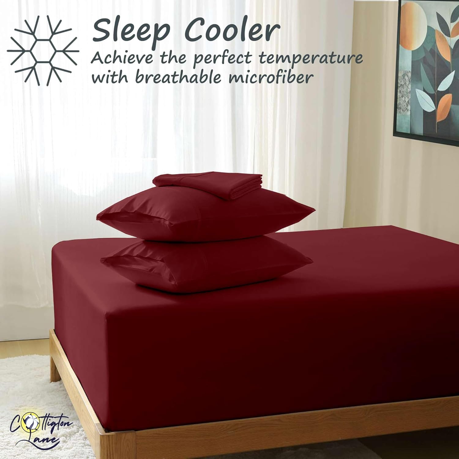Cottington Lane King Size 3-Piece Set 1 Fitted Sheet,2 Pillowcases, Premium 1800 Microfiber King Bed Sheet and Pillowcase Set, Soft & Breathable, Fits Mattress Upto 15" Deep, Burgundy