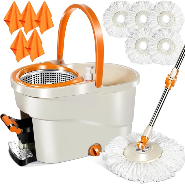 MASTERTOP Spin Mop and Bucket Set, Microfibre Mop and Bucket with Wringer and 5 Microfibre Refill, Floor Mop for Cleaning Floors, Comes with 5 Cleaning Cloths (Orange)