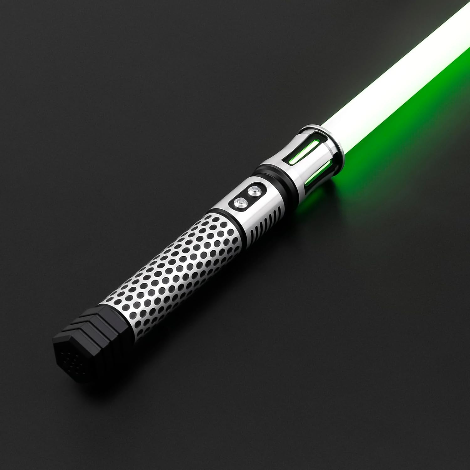 Light saber with green blade illuminated