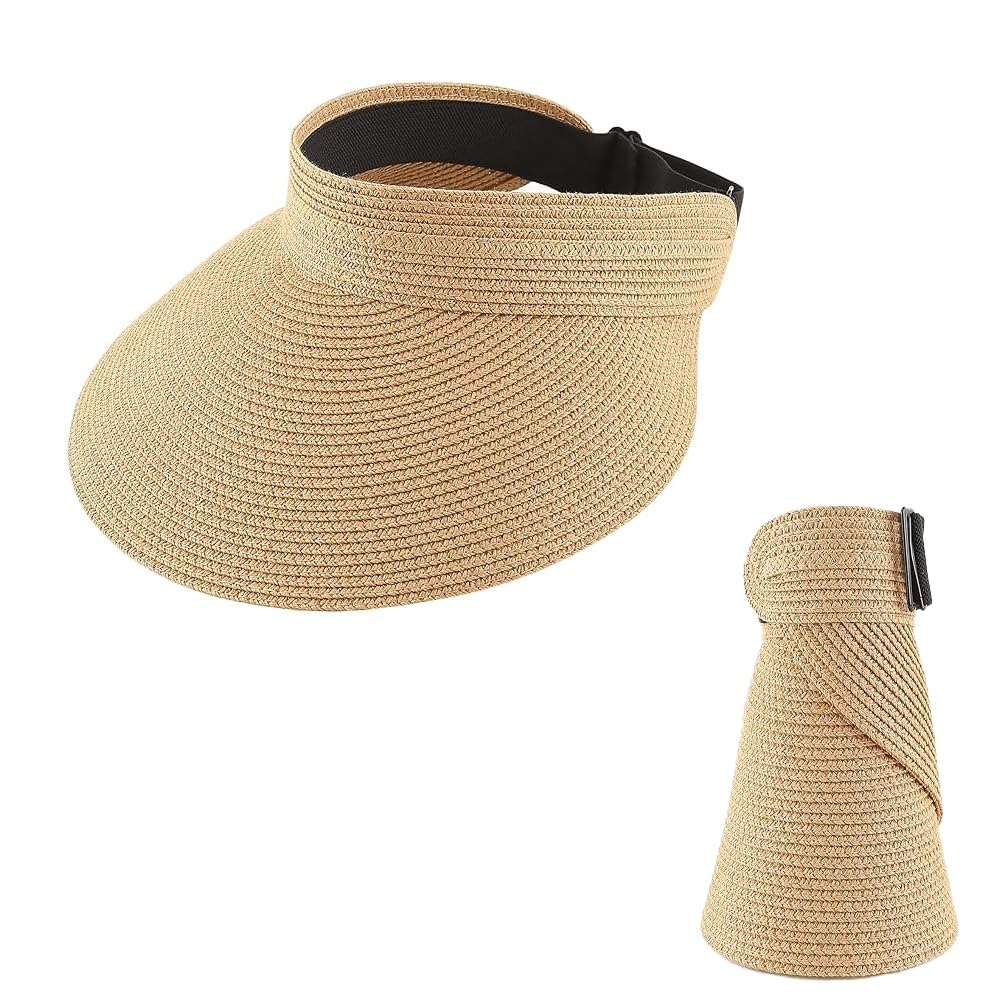 zomoza Women Straw Sun Visor Hat Wide Brim Summer UV Protection Beach Cap Foldable Packable Korean Style Beige-picture-43