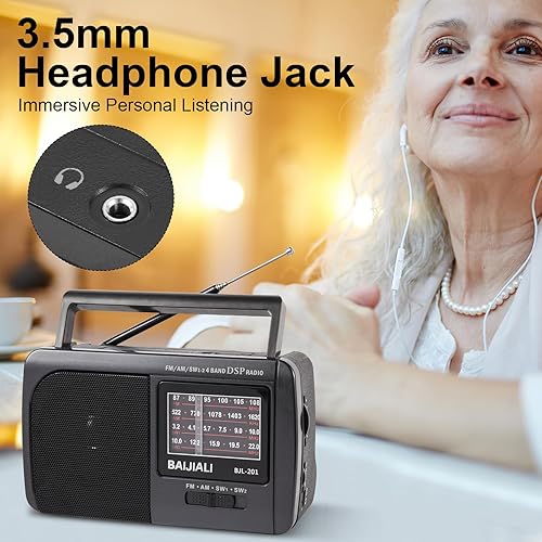 Miniatura 5 de Radio portátil de onda corta AMFMSW1SW2, diseño de transistor retro con altavoz de 3 W, funciona con pilas para uso doméstico, al aire libre y
