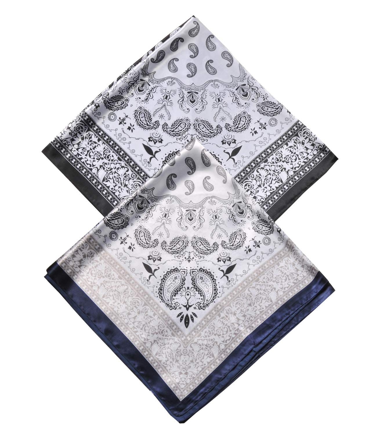 Paquete de 2 bufandas de seda satinada de 35 pulgadas para el cabello, bandana ligera para la cabeza, bufandas para el cuello y la cara para mujer, 2pcs Paisley2 Negro+azul marino 6