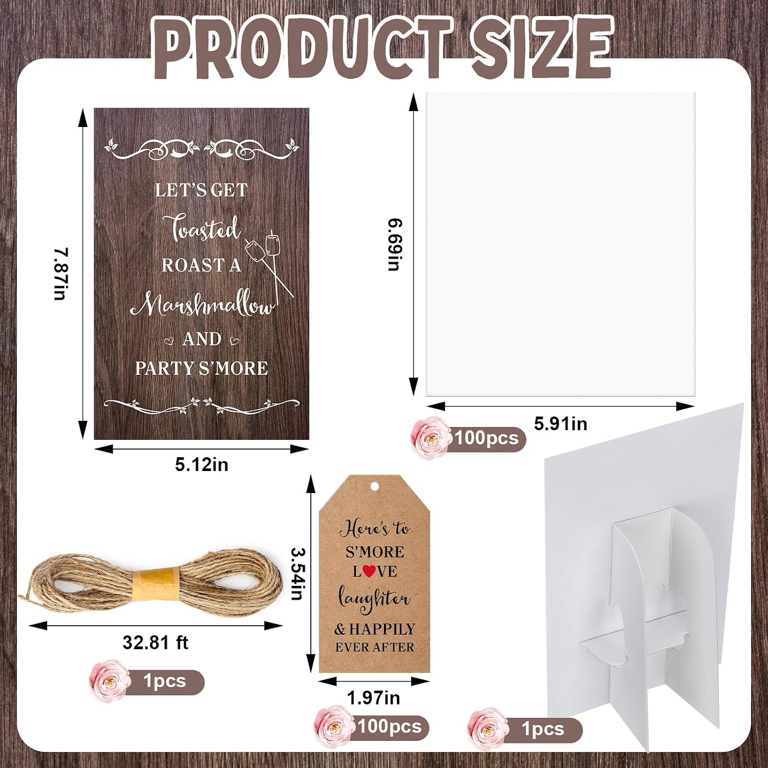 Moinchore 100 Sets Smores Wedding Favors Including 100 Clear Cellophane Smore Bags 100 Paper Insert S'more Love Tags Desktop Stand and 32.81 ft Twine for Wedding Baby Shower Party Favors (Rustic)