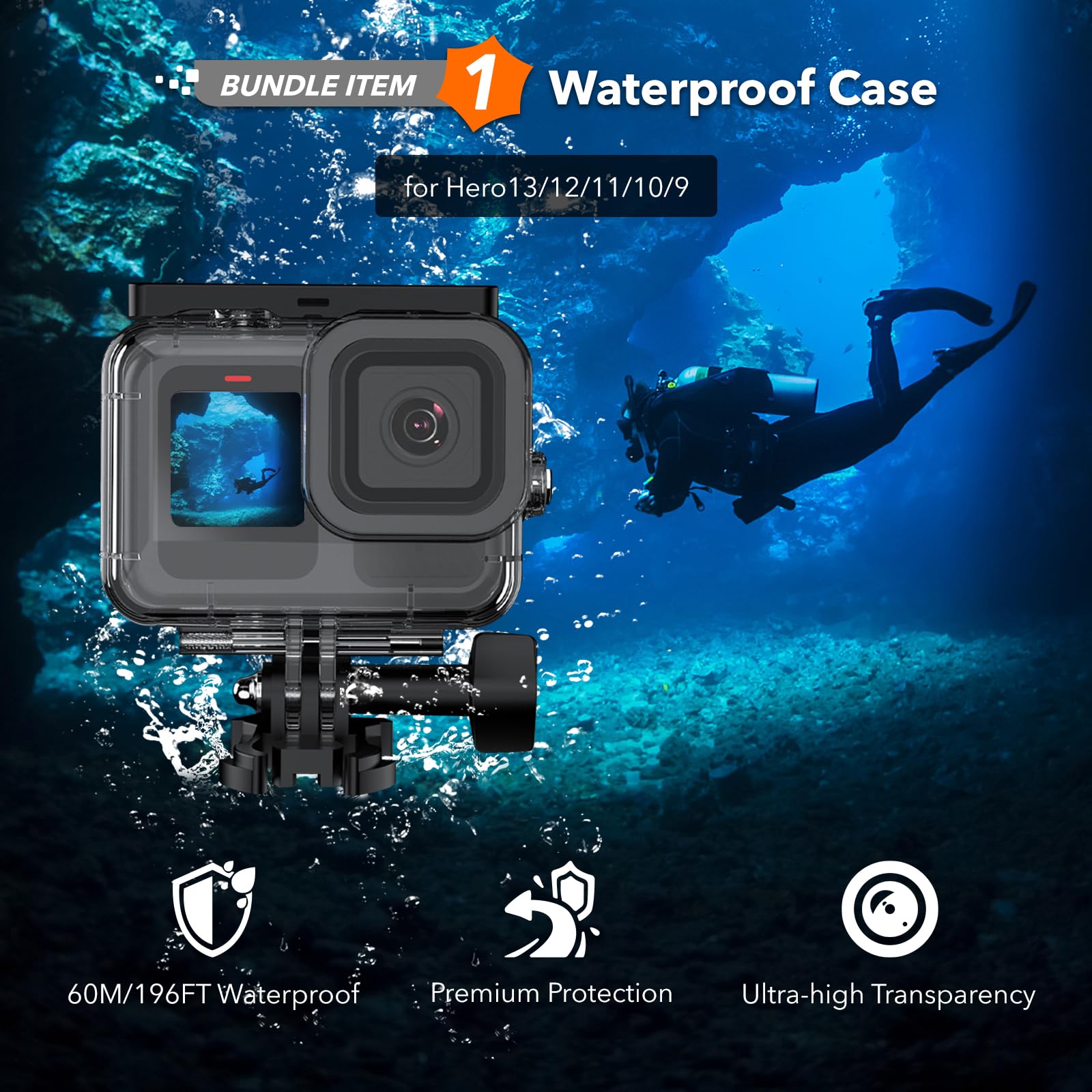 MYAKON Waterproof Case for GoPro Hero 13 12 11 10 9 Black, Protective Underwater Diving Housing, Floating Handle, Head Strap, Storage Carrying Case Accessories for Go Pro Hero 13/12/11/10/9
