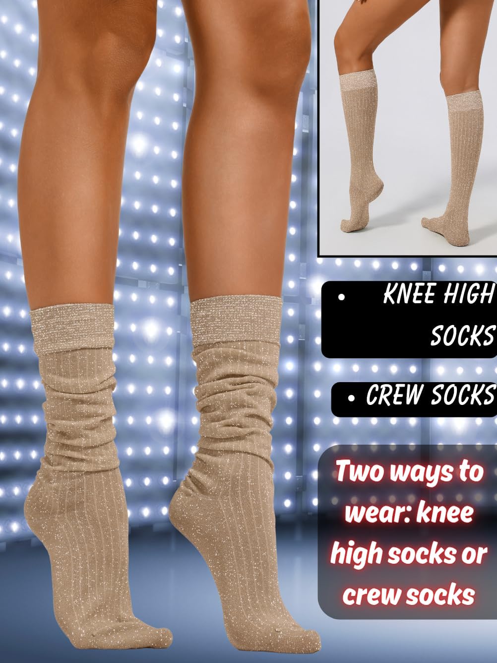 Glitter Socks,Striped Knee High Sock For Women,Shimmer Festival Musical New Years Eve Outfit - Image 4