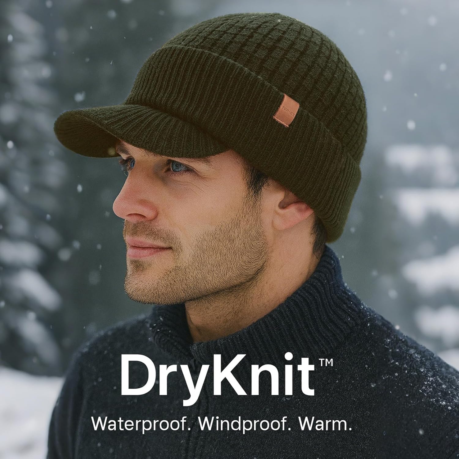 TOP-EX DryKnit™ Waterproof 50% Merino Wool Visor Beanie Hat for Men Fleece Lined Winter Hat with Brim for Big Heads - Image 2