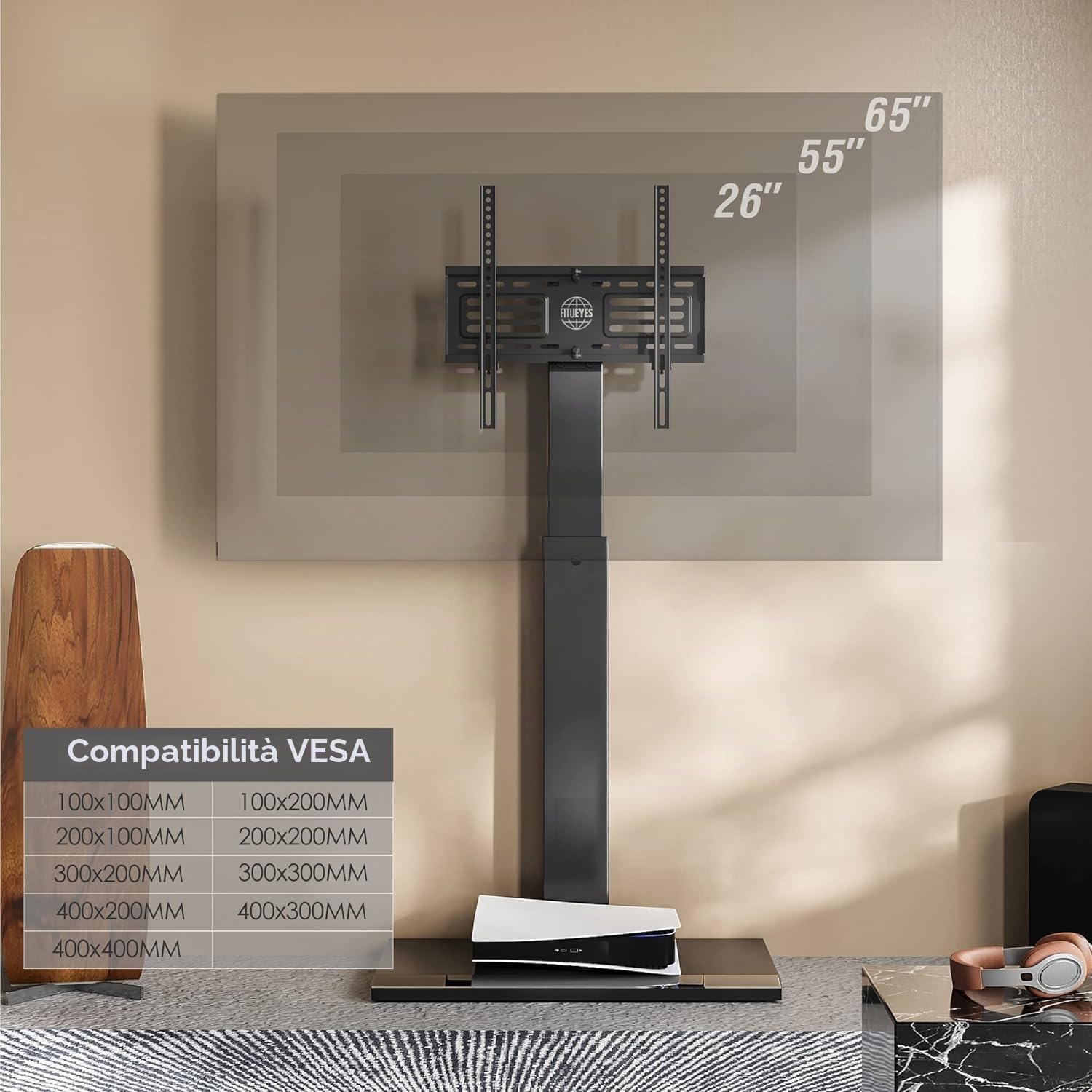 FITUEYES Supporto TV da Pavimento per 27-65 Pollici, Porta TV da Terra con Ferro Base, Girevole e Altezza Regolabile Max VESA 400x400mm Portata 40kg