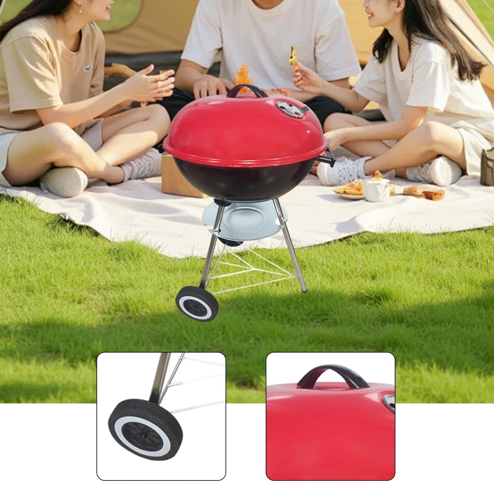 Barbecue Portatile con Ruote, Coperchio, Controllo della Temperatura E Ammortizzatori, Ideale per Esterni E Barche, Rosso