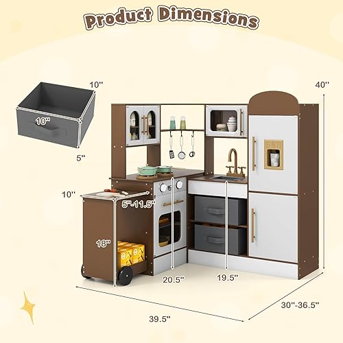 Miniatura 9 de HONEY JOY Cocina de esquina con carrito rodante, juego de cocina de juguete de madera con luces, máquina de hielo, estufas, utensilios de cocina,
