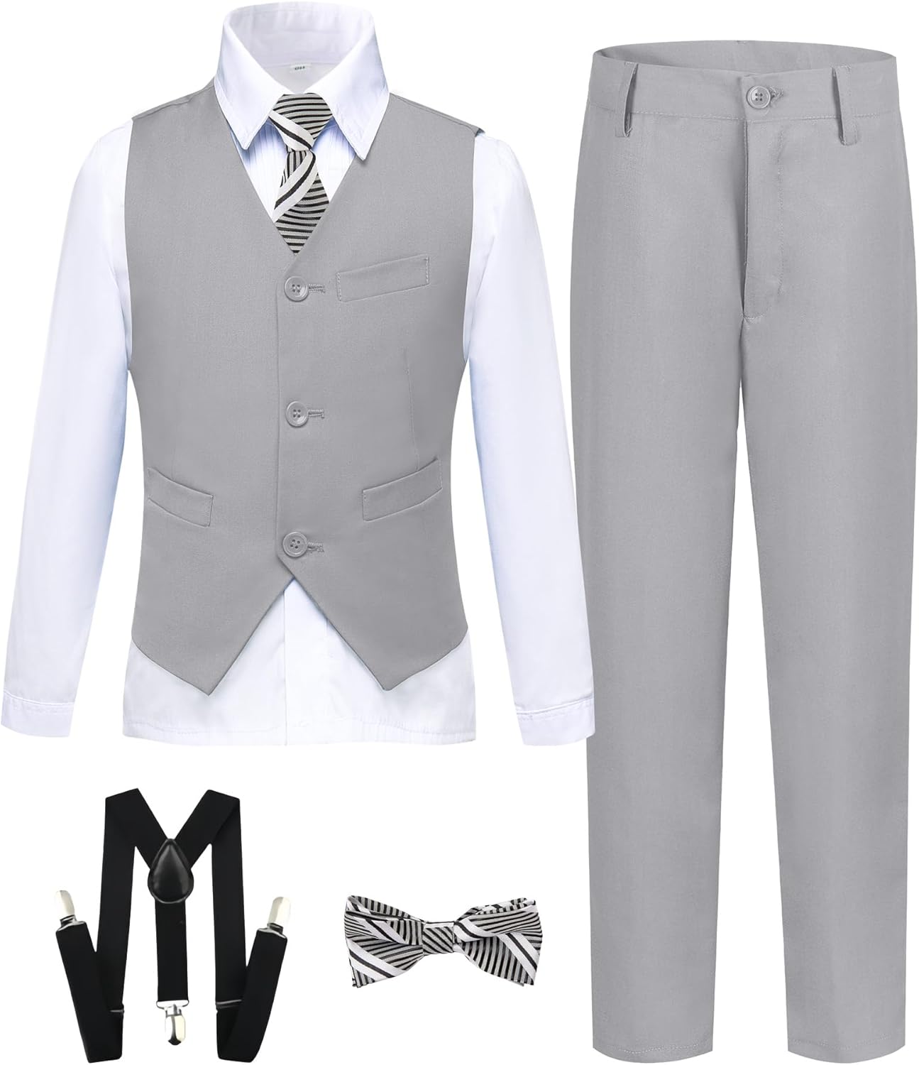 Boy's Formal Suit 7 Piece Slim Fit Tuxedo for Kids Teen Boys Jacket Vest and Pants Set for Wedding with Bow Tie Suspenders