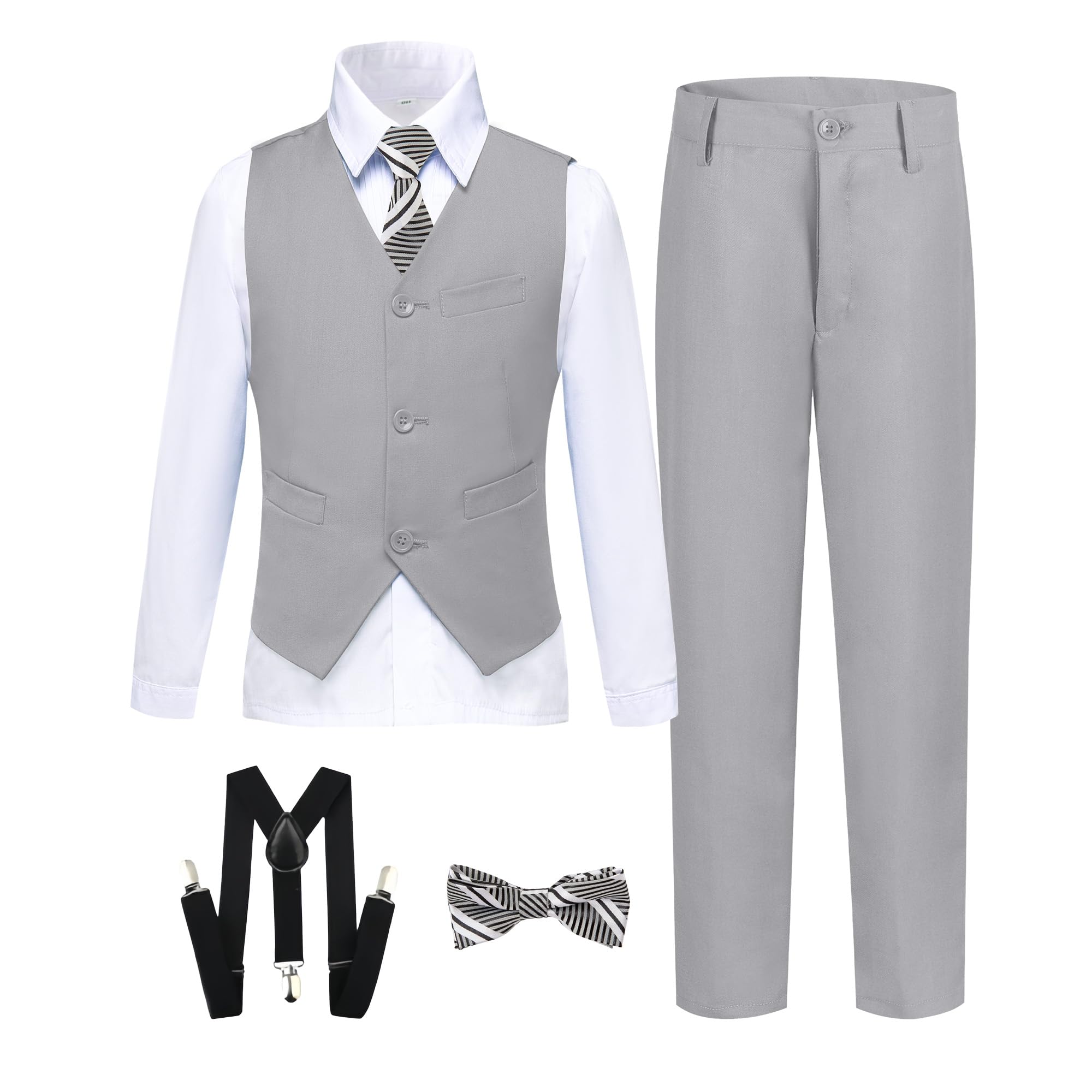 Boy's Formal Suit 7 Piece Slim Fit Tuxedo for Kids Teen Boys Jacket Vest and Pants Set for Wedding with Bow Tie Suspenders