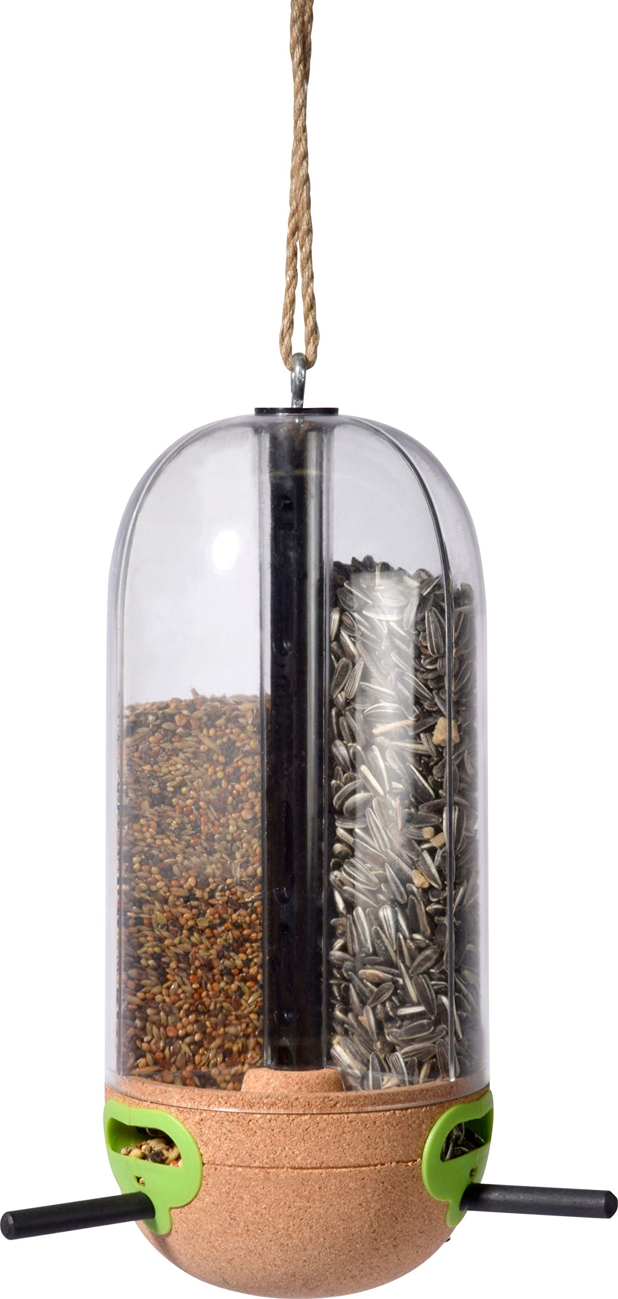 dobar® 10095e Design Futtersäule Pickbar - Vogelfutterspender mit Naturkork - Dreikammer-Futterstation für Wildvögel - Wildvogelfuttersäule Hängend - Ø11 x 26 cm - Transparent